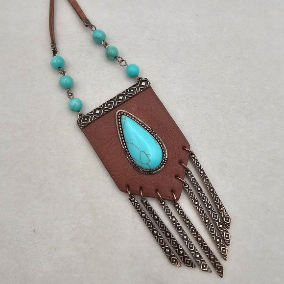 Jewelry - Brown Leather Blue Stone Pendant Necklace Metal Fringe Boho Tribal Southwest
